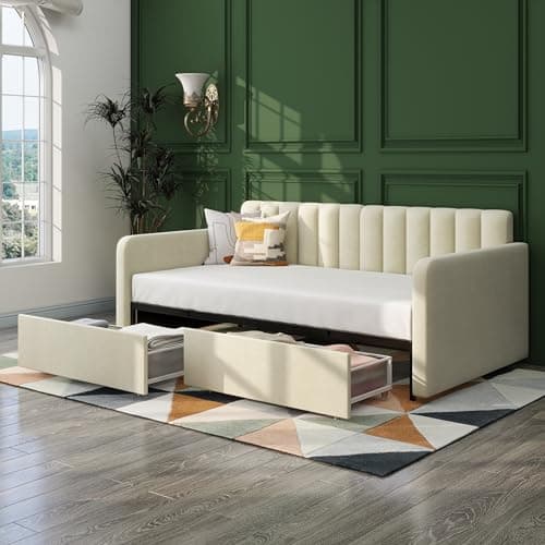 Twin Size Upholstered Daybed with Wood Slat Support in Ivory Velvet