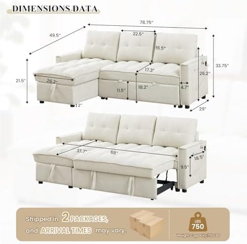 Convertible Sectional Sleeper Sofa Couch with Pull Out Bed,78" Tufted Chenille L Shaped Couch w/ Reversible Storage Chaise&USB/Type C Charge Port for Living Room,Office,Apartment(3-Seater,Beige)
