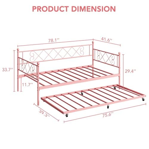 IDEALHOUSE Metal Twin Daybed with Trundle & Stylish Pink Headboard