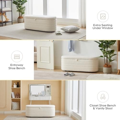 White Sherpa Padded Ottoman Bench with Storage for Living Room and Bedroom