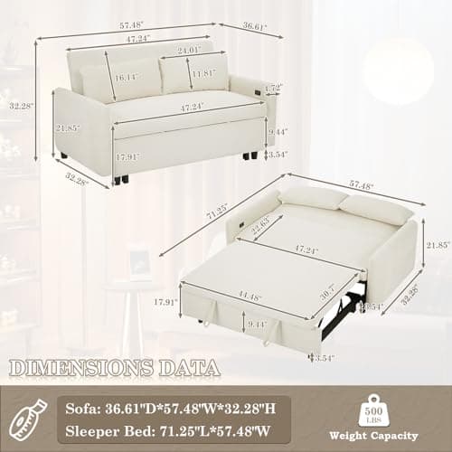 Convertible Sleeper Sofa Bed with USB&Type-C Port