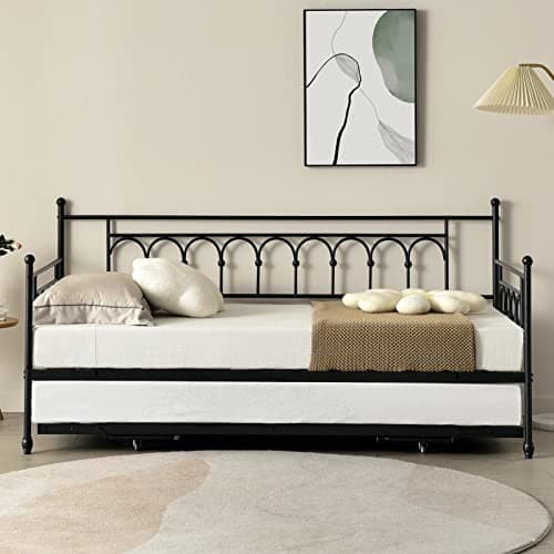 Vintage Twin Day Bed with Pop Up Trundle, Space-Saving Metal Frame for Adults
