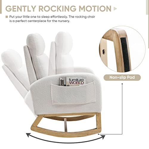 Modern White Fabric Upholstered Rocking Glider Chair with Side Pockets