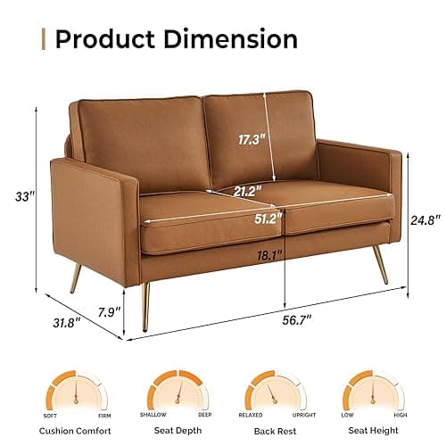 VINGLI Cognac 56" PU Leather 2-Seater Loveseat Sofa