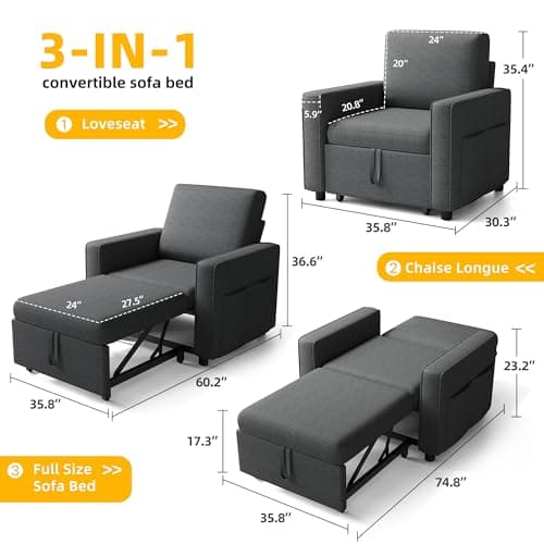 YITAHOME 3-in-1 Convertible Sofa Chair Bed, Grey