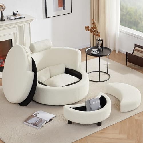 Modern Swivel Chair with Storage Ottoman for Living Room, Brown Teddy Fabric