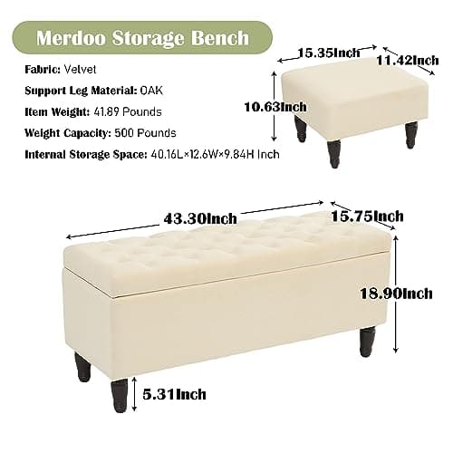 Off White Bedroom Bench with 2 Ottoman Footrests and Storage