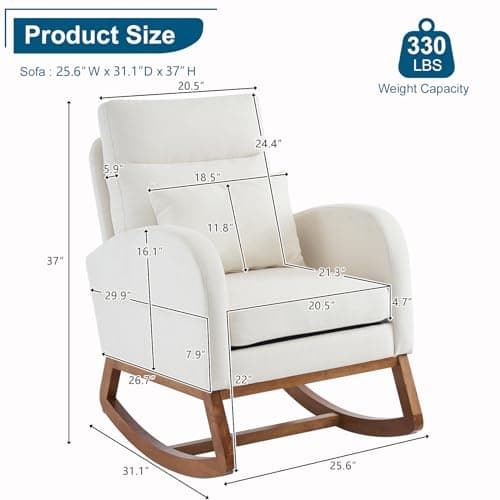 Vingli Beige Linen Rocking Chair with Thick Headrest for Nursery and Living Room