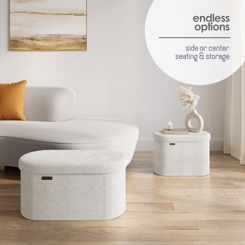 StorageBud White Boucle Oval Ottoman Bench with Storage, 30" Bed End, Foldable Footrest Max 660lbs