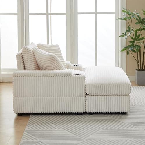 Eafurn Corduroy Upholstered Chaise Lounge Sofa with Ottoman & Cupholders