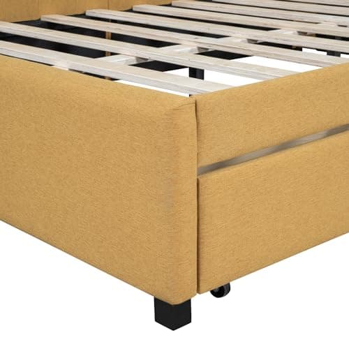 Merax Full Size Upholstered Daybed with Storage Drawers, Yellow Linen Fabric