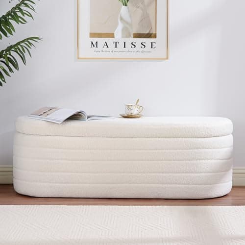 Oval White Sherpa Upholstered Storage Bench for Living Room Bed Entryway