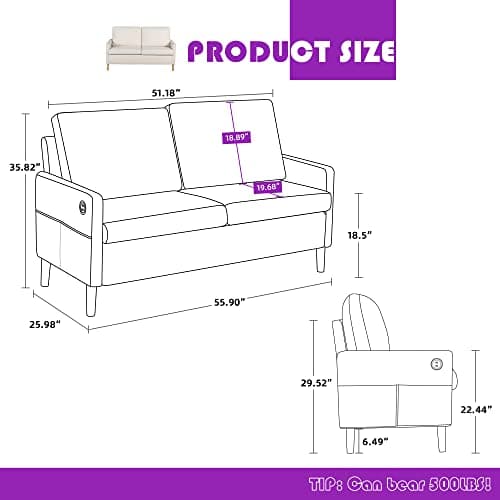 TYBOATLE Modern Small Loveseat Sofa with USB Ports, 55"W Soft Fleece Couch, Suitable for Small Spaces (Cream White)