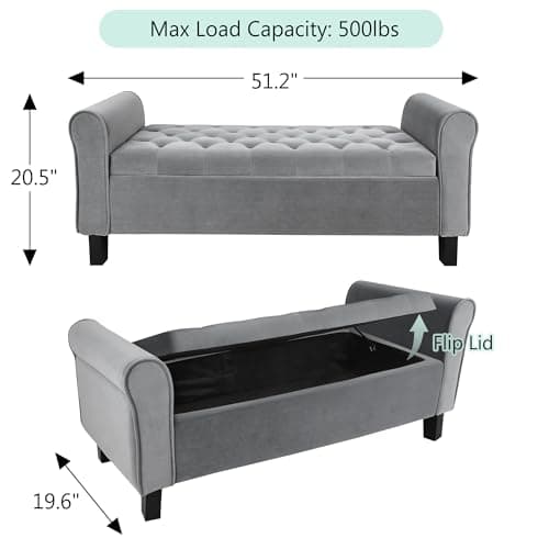 TY ARTS & CULTURE Large Gray Velvet Storage Bench for Bedroom & Entryway
