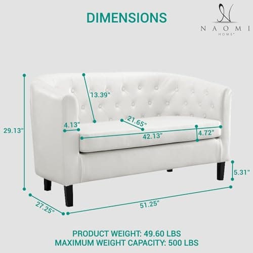 Midcentury Modern Button Tufted White Emma Loveseat, Small Living Room Couch - Easy Assembly