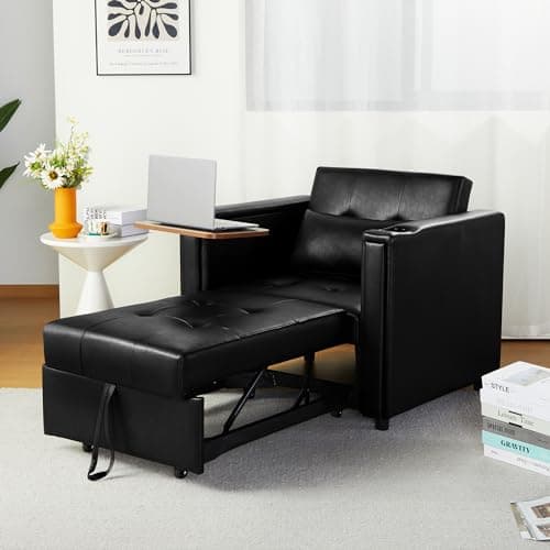 3-in-1 ORRD Convertible Sofa Bed, Faux Leather Loveseat with Pull-Out Chaise Lounge and Hidden Table