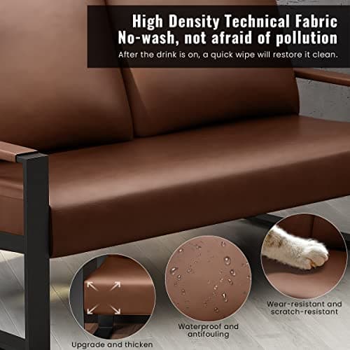Mid-Century Brown Faux Leather Loveseat for Small Spaces