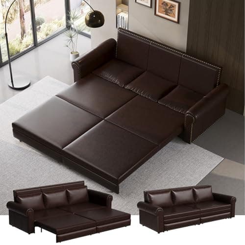 Light Brown 93.7" 3-in-1 Recliner Sleeper Sofa Bed, Faux Leather Office Living Room