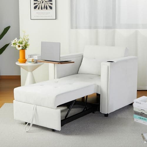 3-in-1 ORRD Convertible Sofa Bed, Faux Leather Loveseat with Pull-Out Chaise Lounge and Hidden Table