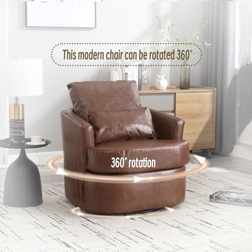 Brown PU Ergonomic Swivel Barrel Chair with Dual Pillow Support