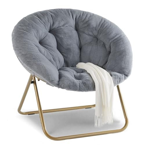 YSSOA Grey Foldable Saucer Chair, Comfortable Faux Fur for Adults & Teens