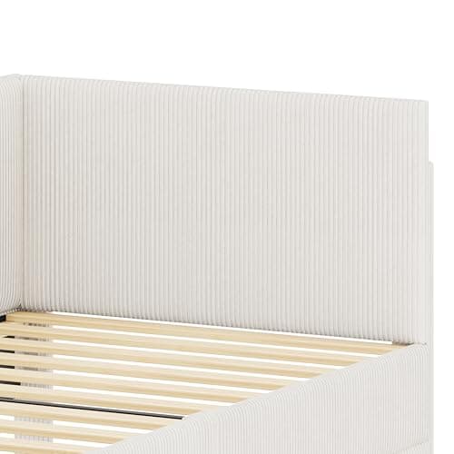 Merax Beige Corduroy Twin Daybed with Storage & Wood Slat Support