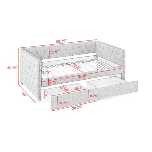 Twin Size Nailhead Trim Button Tufted Daybed with Storage Drawers, Grey