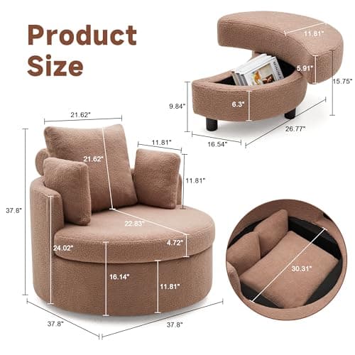 Modern Swivel Chair with Storage Ottoman for Living Room, Brown Teddy Fabric