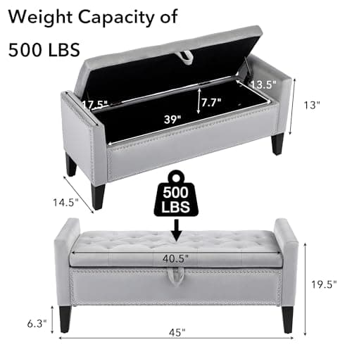 Grey Velvet Button Tufted Storage Ottoman Bench, 45" End of Bed Bench