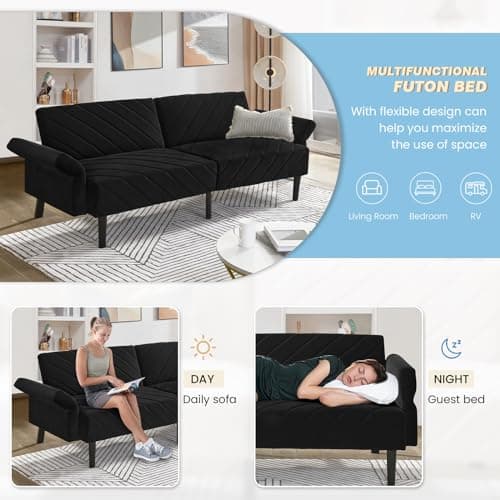 Oversized Velvet Futon Sofa Bed, 78 Convertible 3 Seat Sleeper - Black