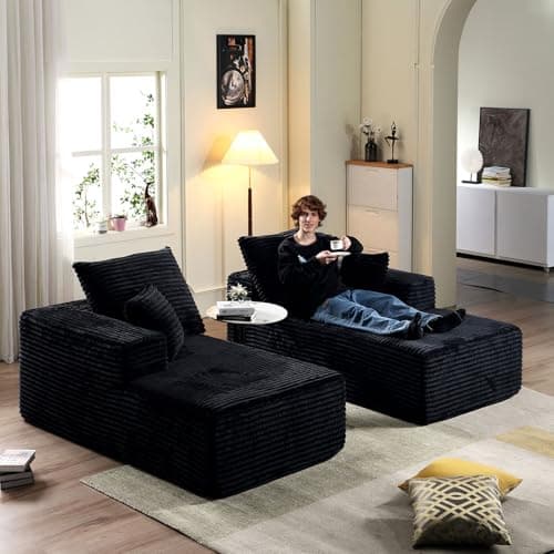 Oversized Black Chaise Lounge Chair, Recliner with Pillows, Fluffy Loveseat Sofa