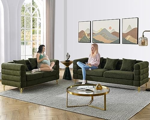 Teddy Bouclé 3 Seater & Loveseat Sofa Set, Green Gold Legs