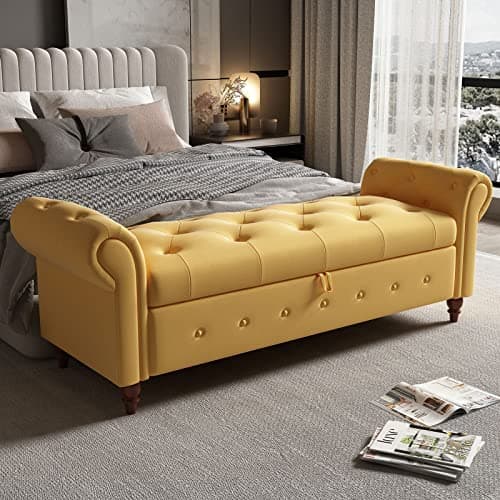 Button Tufted Storage Bench for Bedroom, Linen Fabric Upholstered Ottoman Bench (Dark Grey)