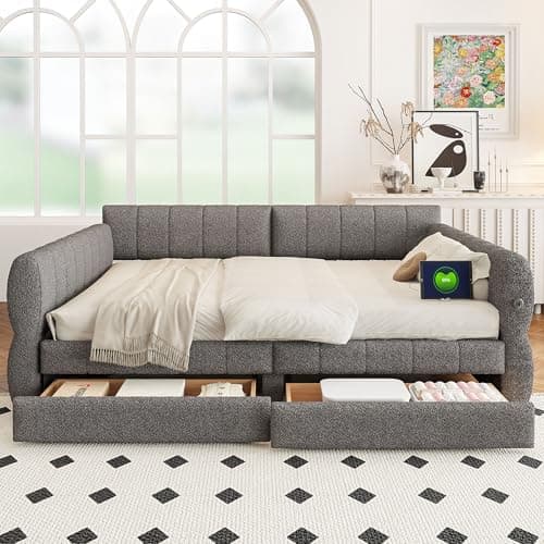 Merax Beige Corduroy Twin Daybed with Storage & Wood Slat Support
