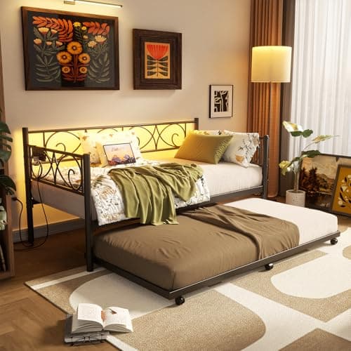 Unikito Black Metal Daybed with Pop-Up Trundle, Charging Station, and LED Lights