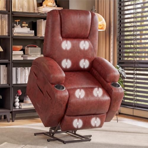 Flamaker Power Lift Recliner Chair PU Leather with Massage for Elderly Ergonomic Lounge Chair Classic Single Sofa with 2 Cup Holders Side Pockets Home Theater Seat (Leather, Light Black)