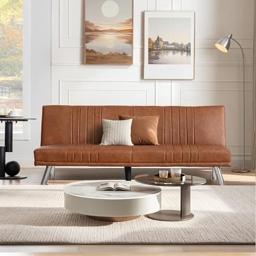 VECELO Modern Convertible Couch Bed, Faux Leather Futon, Brown