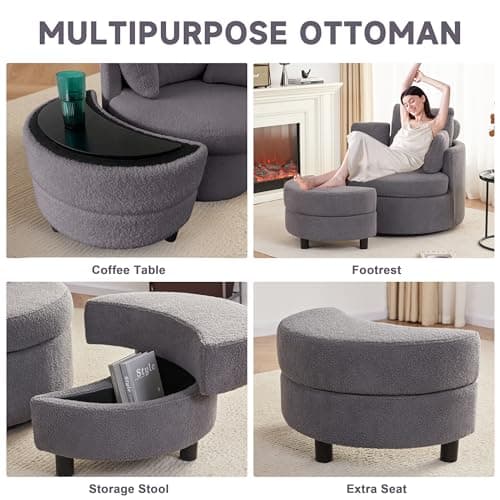 360° Modern Grey Swivel Chair with Storage Ottomans & 3 Pillows for Living Room