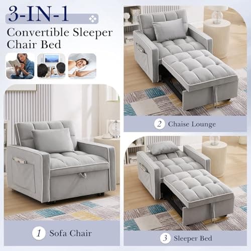 3-in-1 Convertible Sleeper Chair Bed with Adjustable Backrest and Side Pockets, Velvet Upholstered Recliner for Living Room/Office/Small Spaces (Grey)