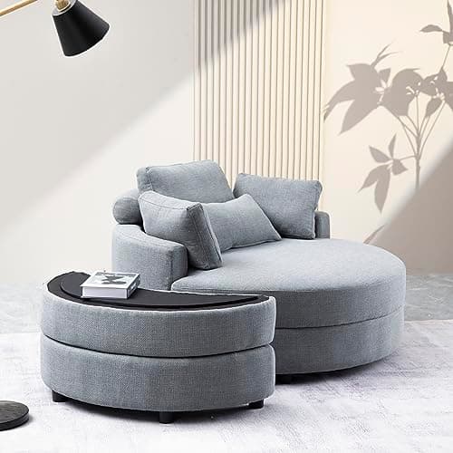360° Swivel Barrel Chair with Half Moon Ottoman - 39W Sherpa Teddy Upholstered Accent Chair for Living Room, Bedroom, Office, and Reading Nook