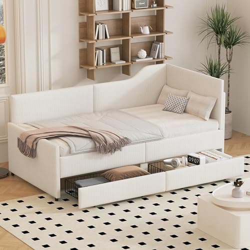 Merax Beige Corduroy Twin Daybed with Storage & Wood Slat Support