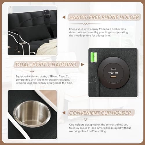Modern Black Velvet 3-in-1 Sleeper Sofa Bed with USB Ports & Adjustable Backrest