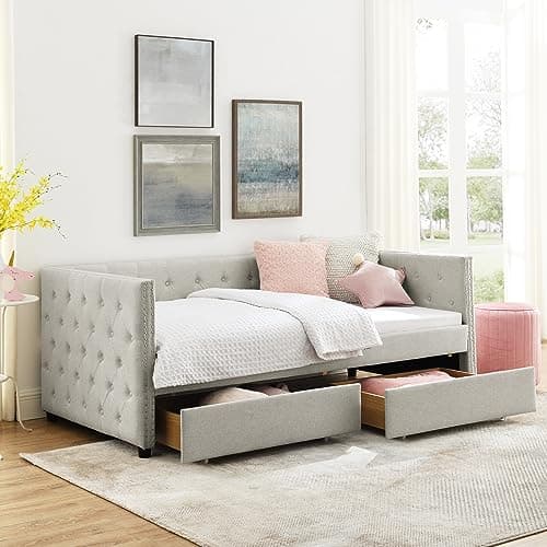 Twin Size Daybed with Storage Drawers, Linen Upholstered Sofa Bed Frame