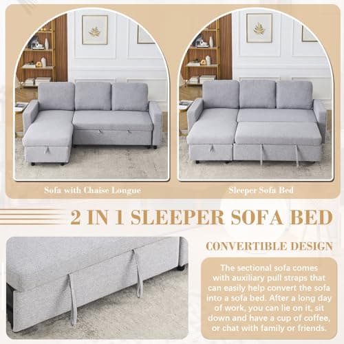 Linen L Shape Convertible Sectional Sofa with Pull Out Bed and Storage Chaise