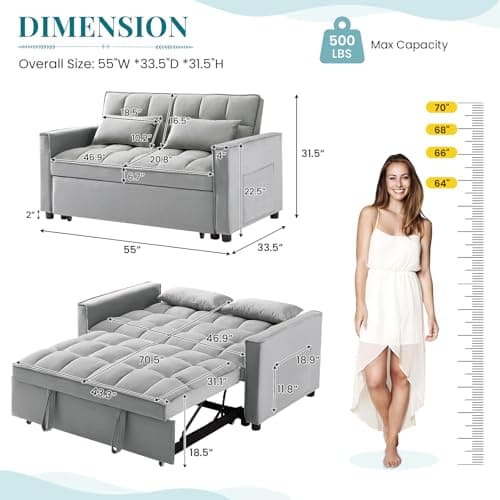 Antetek Modern Velvet Reclining Sleeper Sofa Bed, Grey