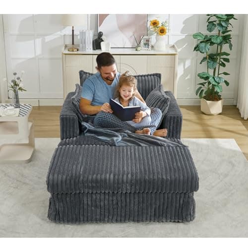 Oversized Blue Gray 55" Chaise Lounger with Chenille Fabric & Charging Station