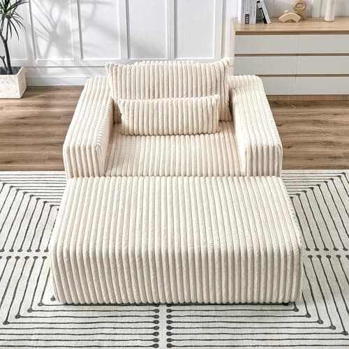 Beige Oversized Chaise LoungeChair with Ottoman, Deep Seat Sofa