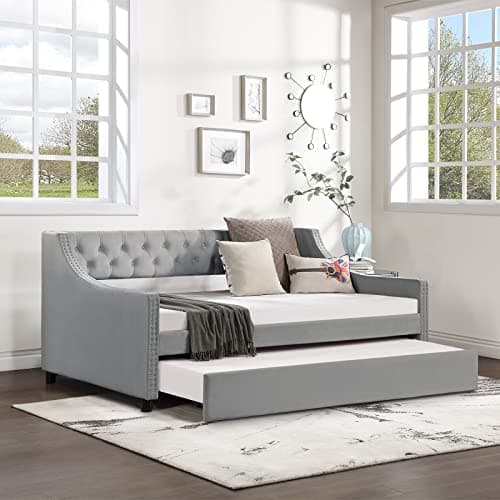 JEEOHEY Modern Button Tufted Velvet Beige Upholstered Daybed with Trundle