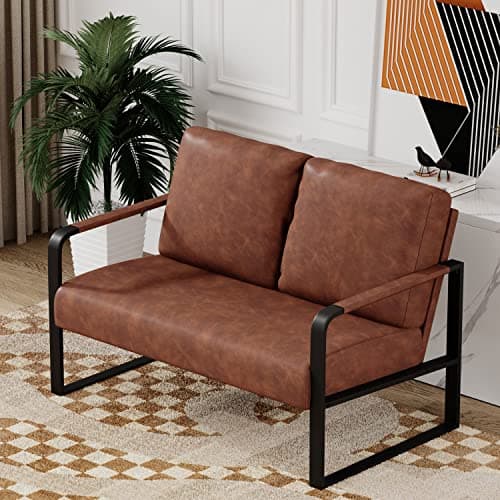 Mid Century Modern Dark Brown Faux Leather Love Seat Mini Couch