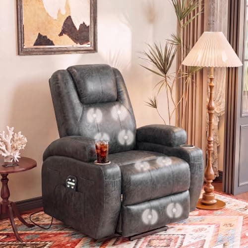 Flamaker Power Lift Recliner Chair PU Leather with Massage for Elderly Ergonomic Lounge Chair Classic Single Sofa with 2 Cup Holders Side Pockets Home Theater Seat (Leather, Light Black)